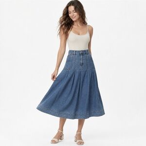 Soft Surroundings Indigo Denim Midi Skirt Full A Line High Rise Size PS